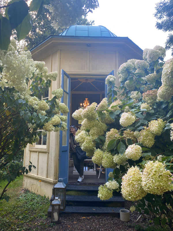 Pavillon mit großen Hortensienblüten davor